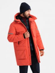 Długa ocieplana kurtka męska z odblaskowymi elementami – pomarańczowa V1 OM-JALJ-0169 - XXL. Brązowe kurtki męskie Ombre Clothing, l, z aplikacjami, z gumy, z kapturem. W wyprzedaży za 169.99 zł.
