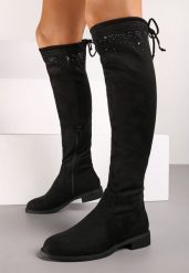 Czarne Płaskie Kozaki w Stylu Muszkieterek ze Sznurkiem i Cyrkoniami Linorielle. Czarne kozaki damskie Born2be, na zimę, z aplikacjami, z jeansu, bez obcasa, na płaskiej podeszwie, bez zapięcia. Za 119.99 zł.