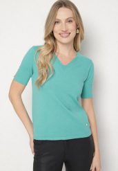 Zielona Sweterkowa Bluzka z Dekoltem w Serek Fenidea. Zielone bluzki damskie Born2be, l, bez wzorów, z jeansu, eleganckie, bez kołnierzyka, bez ramiączek. Za 49.99 zł.