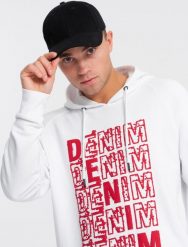Ombre Nierozpinana męska bluza kangurka z kapturem i nadrukiem - biała V3 OM-SSPS-0158 XL. Białe bluzy męskie Ombre, m, bez wzorów, bez ramiączek, z kapturem. Za 49.99 zł.