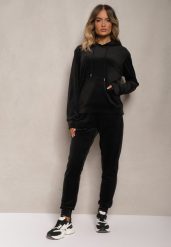Czarny Komplet Dresowy z Weluru Spodnie z Gumką w Pasie i Bluza z Kapturem Lelaria. Czarne bluzy damskie Renee, l, bez wzorów, z dresówki, bez ramiączek, z kapturem. Za 79.99 zł.