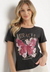 Czarny Bawełniany T-shirt z Metalicznym Napisem i Motylem Zarevalia. Czarne t-shirty damskie Born2be, l, bez wzorów, z bawełny, eleganckie, bez kołnierzyka, bez ramiączek. Za 39.99 zł.