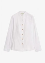 Bluzka z popeliny ze stretchem, niewymagająca prasowania. Niebieskie bluzki damskie bonprix, bez wzorów, eleganckie, bez kołnierzyka, bez ramiączek. Za 129.99 zł.