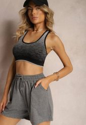 Ciemnoszare Dresowe Szorty High Waist z Gumką w Talii Narefia. Szare szorty damskie Renee, w ażurowe wzory, z dresówki, eleganckie, z podwyższonym stanem. Za 24.99 zł.