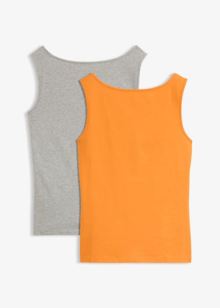 Tank top z dekoltem łódką, 2 szt. Szare topy damskie bonprix, uniwersalny, bez wzorów, bez kołnierzyka, bez ramiączek. Za 37.98 zł.