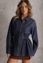 Granatowa Koszula z Bawełny Ściągana w Talii Troczkami Hettia. Niebieskie koszule damskie Renee, l, bez wzorów, z bawełny, eleganckie, bez kołnierzyka, bez ramiączek. Za 129.99 zł.