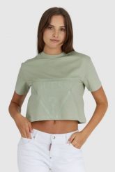 GUESS Krótki zielony t-shirt damski z logo. Zielone t-shirty damskie Guess, s, z aplikacjami, z bawełny, bez kołnierzyka, bez ramiączek. W wyprzedaży za 129.99 zł.