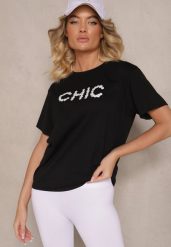 Czarny T-shirt z Bawełny Ozdobiony Perełkami i Napisem Naloreth. Czarne t-shirty damskie Renee, m, bez wzorów, z bawełny, eleganckie, bez kołnierzyka, bez ramiączek. Za 34.99 zł.