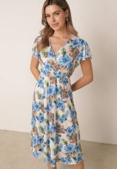 Niebieska Sukienka z Wiskozą Gumką w Talii z Kopertowym Dekoltem w Kwiaty Gloroene. Niebieskie sukienki damskie Born2be, na co dzień, l, bez wzorów, z materiału, eleganckie, bez kołnierzyka, bez ramiączek, midi, kopertowe. Za 59.99 zł.