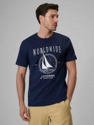 4F T-shirt regular z nadrukiem męski - granatowy S. Niebieskie t-shirty męskie 4F, m, bez wzorów, z bawełny, bez kołnierzyka, bez ramiączek. Za 69.99 zł.