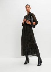 Długa sukienka z połyskiem. Czarne sukienki damskie bonprix, bez wzorów, eleganckie, bez kołnierzyka, bez ramiączek, maxi, plisowane. Za 189.99 zł.