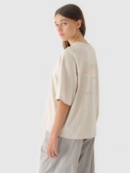 4F T-shirt oversize z nadrukiem damski - beżowy XL. Brązowe t-shirty damskie 4F, xl, bez wzorów, z bawełny, klasyczne, bez kołnierzyka, bez ramiączek. W wyprzedaży za 29.99 zł.