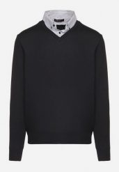 Granatowy Sweter z Wełną i Koszulowym Kołnierzykiem Espirra. Niebieskie swetry męskie Born2be, l, bez wzorów, z wełny, biznesowe, bez kołnierzyka, bez ramiączek. Za 59.99 zł.
