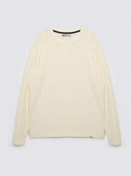 Sweter męski ze splotem warkoczowym i haftem kremowy Niser100. Białe swetry męskie BIG STAR, l, bez wzorów, z bawełny, eleganckie, bez kołnierzyka, bez ramiączek. Za 229.99 zł.