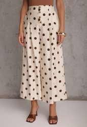 Beżowe Spodnie Casual Culottes w Groszki z Dużą Zawartością Wiskozy Thelialla. Brązowe spodnie materiałowe damskie Renee, na lato, bez wzorów, z jeansu, casualowe, z podwyższonym stanem, krótkie. Za 99.99 zł.
