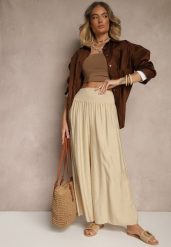 Beżowe Spodnie z Wiskozą o Szerokim Kroju High Waist Orrana. Brązowe spodnie materiałowe damskie Renee, bez wzorów, z jeansu, eleganckie, z podwyższonym stanem. Za 39.99 zł.