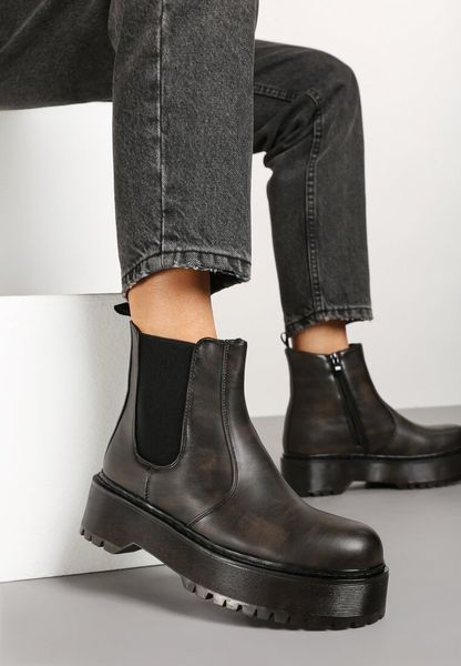 Brązowe Botki na Platformie w Stylu Sztybletów z Elastyczną Wstawką Atinovia. Brązowe botki damskie Renee, bez wzorów, eleganckie, bez obcasa, na platformie, bez zapięcia. Za 124.99 zł.