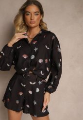 Czarny Komplet z Wiskozą Koszula i Szorty w Morski Print Reisoria. Czarne koszule damskie Renee, m, bez wzorów, z materiału, eleganckie, bez kołnierzyka, bez ramiączek. Za 129.99 zł.