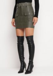 Ciemnozielona Spódnica Mini z Ekoskóry i Paskiem Vijarania. Zielone spódnice damskie Born2be, s, z aplikacjami, mini. Za 69.99 zł.