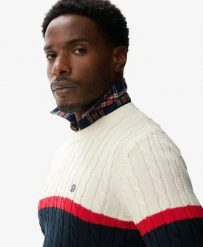 Superdry Sweter warkoczowy w paski z bawełny. Brązowe swetry męskie Superdry, m, z aplikacjami, z bawełny, klasyczne, bez kołnierzyka, bez ramiączek. Za 336.85 zł.