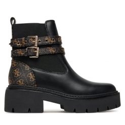 Botki Guess. Czarne botki damskie Guess, z aplikacjami, bez obcasa, na płaskiej podeszwie, bez zapięcia. Za 579.99 zł.