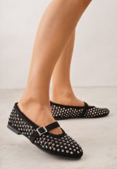 Czarne Balerinki w Stylu Mary Jane z Cyrkoniami i Ażurową Cholewką Lyphenne. Czarne balerinki damskie Renee, z aplikacjami, z jeansu, glamour, bez obcasa, bez zapięcia. Za 99.99 zł.