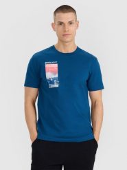 4F T-shirt regular z nadrukiem męski - turkusowy XXL. Niebieskie t-shirty męskie 4F, m, bez wzorów, z bawełny, bez kołnierzyka, bez ramiączek. Za 59.99 zł.