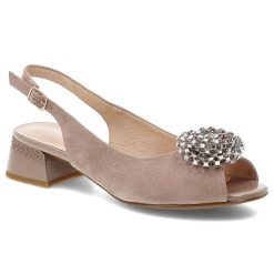 Sandały damskie S.Barski, ze skóry naturalnej z efektowną biżuteryjną ozdobą i stabilnym obcasem, beżowe, CR61-3030. Brązowe sandały damskie S.BARSKI, z aplikacjami, ze skóry, bez obcasa, bez zapięcia. Za 305.90 zł.