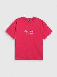 4F T-shirt boxy z nadrukiem damski - czerwony XS. Czerwone t-shirty damskie 4F, xs, bez wzorów, z bawełny, bez kołnierzyka, bez ramiączek. Za 69.99 zł.