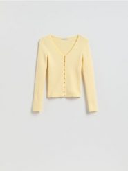 Kardigan z dodatkiem wiskozy - jasnożółty. Żółte kardigany damskie Reserved, l, bez wzorów, z dzianiny, bez kołnierzyka. Za 119.99 zł.
