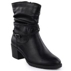 Marszczone botki na klocku damskie czarne Jezzi ASA128-63. Czarne botki damskie Jezzi, bez wzorów, ze skóry ekologicznej, bez obcasa, bez zapięcia. Za 129.99 zł.