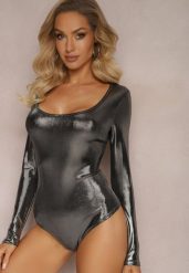 Srebrne Metaliczne Body z Długim Rękawem Ivrea. Szare body Renee, bez wzorów. Za 79.99 zł.