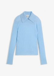 Prążkowany sweter z wełny merino. Czarne swetry nierozpinane damskie bonprix, na jesień, bez wzorów, prążkowane, bez kołnierzyka, bez ramiączek. Za 189.99 zł.