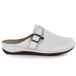 Klapki damskie zabudowane sanitarne białe Unisoft 9928. Białe klapki damskie Unisoft, bez wzorów, ze skóry ekologicznej, bez obcasa, bez zapięcia. Za 109.99 zł.