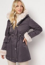 Ciemnoszara Kurtka Parka z Futerkiem Koni. Szare kurtki damskie Born2be, l, bez wzorów, z futra. Za 259.99 zł.
