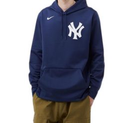 Bluza z kapturem Nike New York Yankees. Niebieskie bluzy damskie Nike, na zimę, bez wzorów, sportowe, bez ramiączek, z kapturem. Za 341.99 zł.