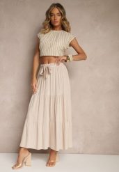 Beżowa SRozkloszowana Spódnica Maxi z Wiskozy z Materiałowymi Paskami Wintelis. Brązowe spódnice damskie Renee, na co dzień, na lato, l, bez wzorów, z materiału, eleganckie, maxi, dopasowane. Za 44.99 zł.