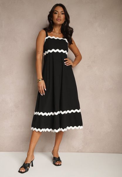 Czarna Sukienka z Wiskozą i Bawełną na Ramiączkach z Geometrycznym Wzorem Ilanvia. Czarne sukienki damskie Renee, na spacer, na lato, s, bez wzorów, z bawełny, bez kołnierzyka, bez ramiączek, midi. Za 159.99 zł.