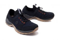 RIEKER M0564-14 blue, półbuty damskie. Niebieskie półbuty damskie Rieker, bez wzorów, z gumy, bez obcasa, bez zapięcia. Za 359.90 zł.