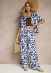 Niebieski Wiskozowy Komplet w Ornamentalny Print Koszula i Szerokie Spodnie Sarilsa. Niebieskie koszule damskie Renee, xl, bez wzorów, z materiału, eleganckie, bez kołnierzyka, bez ramiączek. Za 74.99 zł.