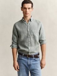 Gant koszula lniana Mężczyźni Regular Fit len zielony, M. Zielone koszule męskie GANT, m, bez wzorów, ze lnu, eleganckie, bez kołnierzyka, bez ramiączek. Za 479.95 zł.