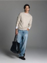 Melanżowy sweter z wełną - beżowy. Brązowe swetry męskie Reserved, l, bez wzorów, z dzianiny, bez kołnierzyka, bez ramiączek. Za 199.99 zł.