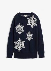 Sweter z okrągłym dekoltem i flokowanymi śnieżynkami. Niebieskie swetry nierozpinane damskie bonprix, na zimę, bez wzorów, wizytowe, bez kołnierzyka, bez ramiączek. Za 99.99 zł.
