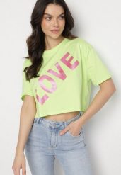 Zielony Bawełniany T-shirt Oversize o Krótkim Kroju z Napisem Sannelia. Zielone t-shirty damskie Born2be, m, bez wzorów, z bawełny, bez kołnierzyka, bez ramiączek. Za 34.99 zł.