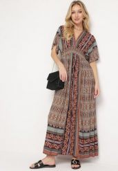 Brązowa Boho Sukienka z Szerokimi Rękawami z Gumką w Pasie i Wiązaniem na Plecach Piomina. Brązowe sukienki damskie Born2be, l, z aplikacjami, boho, bez kołnierzyka, bez ramiączek, maxi. Za 79.99 zł.