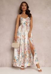 Biała Sukienka Alemima. Białe sukienki damskie Renee, na imprezę, m, z aplikacjami, z tkaniny, bez kołnierzyka, bez ramiączek, maxi, rozkloszowane. Za 139.99 zł.