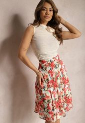 Beżowo-Czerwona Kwiecista Spódnica o Rozkloszowanym Fasonie High Waist Jastaria. Brązowe spódnice damskie Renee, na co dzień, na wiosnę, l, z aplikacjami, z materiału, z podwyższonym stanem, midi, proste. Za 69.99 zł.