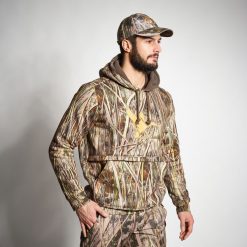 Bluza myśliwska Solognac 500 camo mokradła. Zielone bluzy sportowe męskie SOLOGNAC, m, bez wzorów, z polaru, z kapturem, outdoorowe. Za 279.99 zł.
