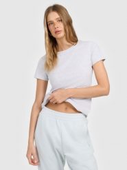 4F T-shirt slim gładki damski - szary XL. Szare t-shirty damskie 4F, l, bez wzorów, biznesowe, bez kołnierzyka, bez ramiączek. Za 49.99 zł.