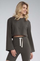 Krótka Bawełniana Bluza z Szerokim Rozciętym Rękawem - Oliwkowa. Zielone bluzy damskie Figl, s, bez wzorów, z bawełny, bez ramiączek, bez kaptura. Za 209.00 zł.